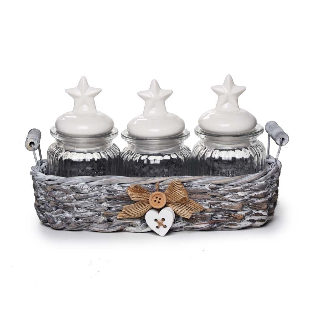 Cesto De Vime Com 3 Potes Vidro Tampa Decoração Natal Branco