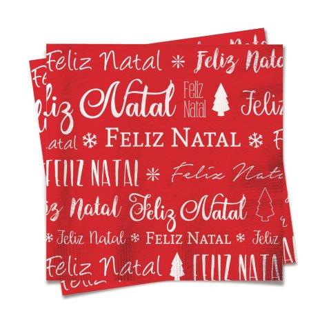 Conjunto com 20 Guardanapos Feliz Natal Vermelho 33 cm