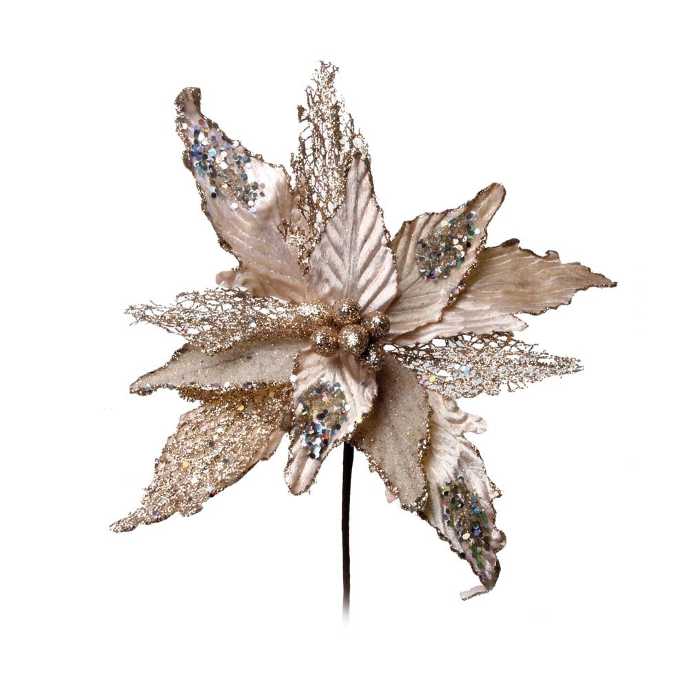 Flor Artificial Decoração Natal Poinsetia Glitter Nude