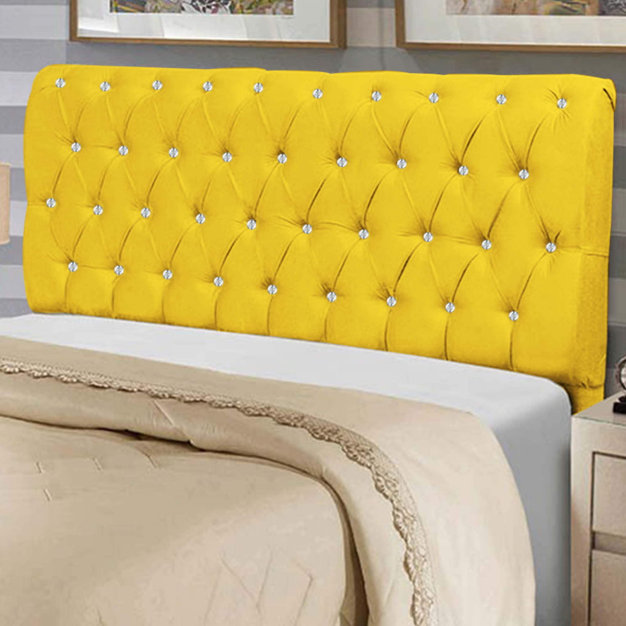 Cabeceira Estofada Maria 160CM Queen Strass Suede Amarelo - D A DECOR