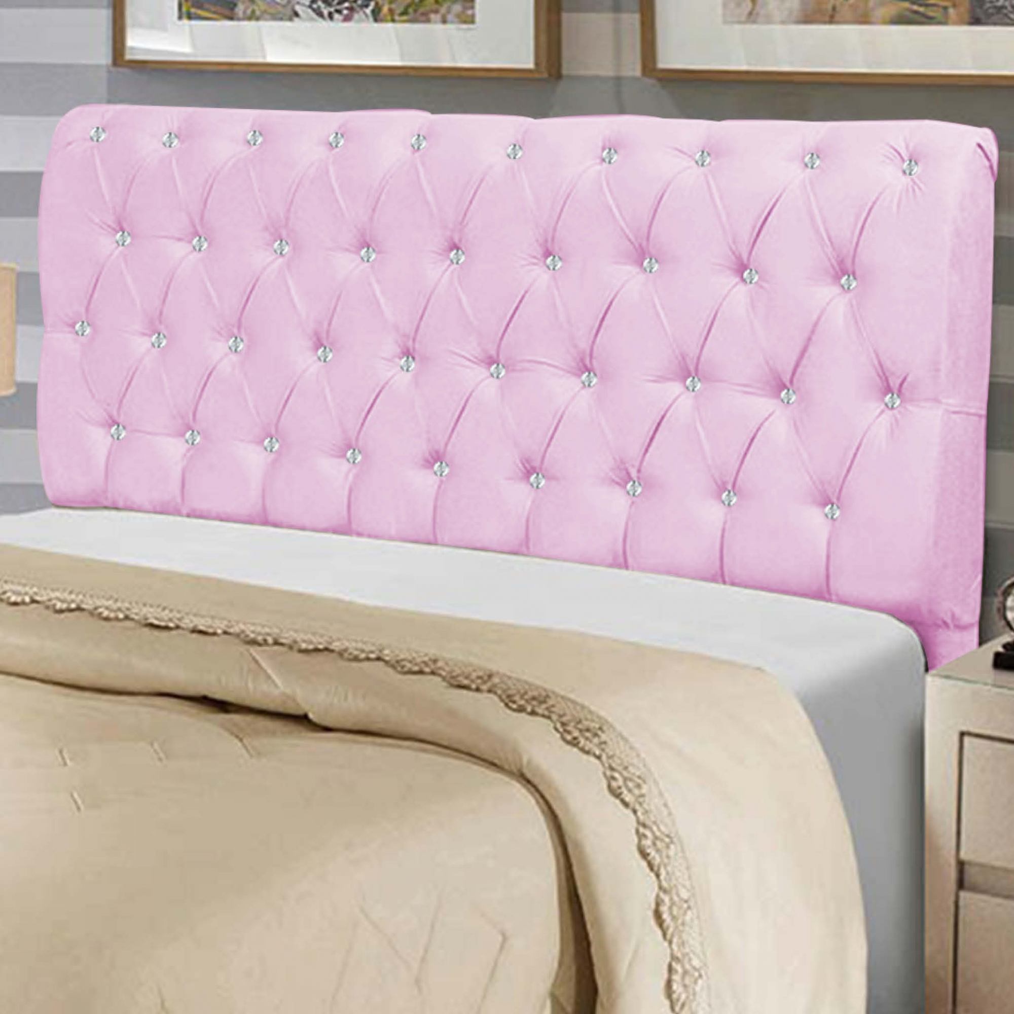 Cabeceira Estofada Maria 160CM Queen Strass Suede Rosa - D A DECOR