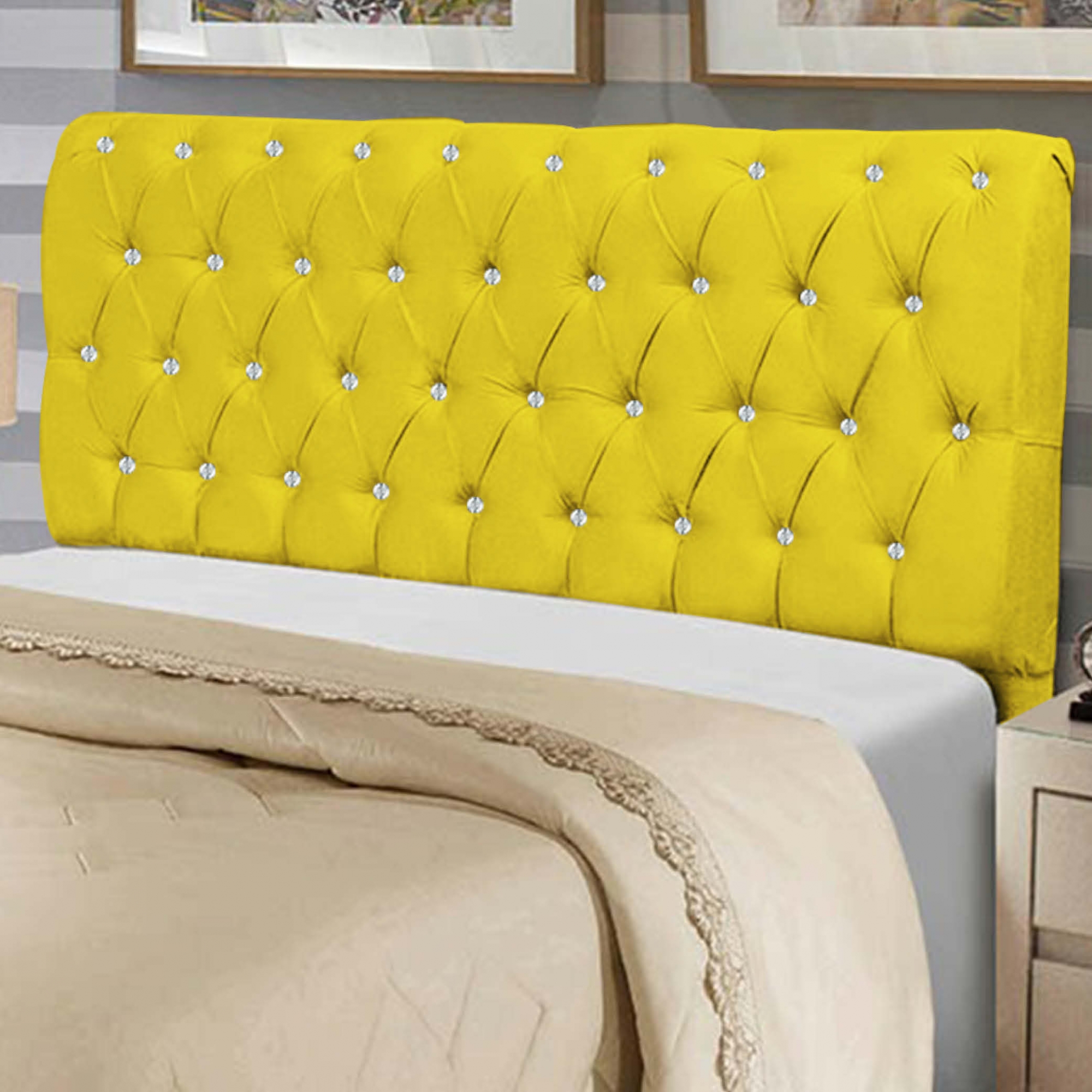 Cabeceira Estofada Paris 160CM Queen Strass Suede Amarelo - D A DECOR