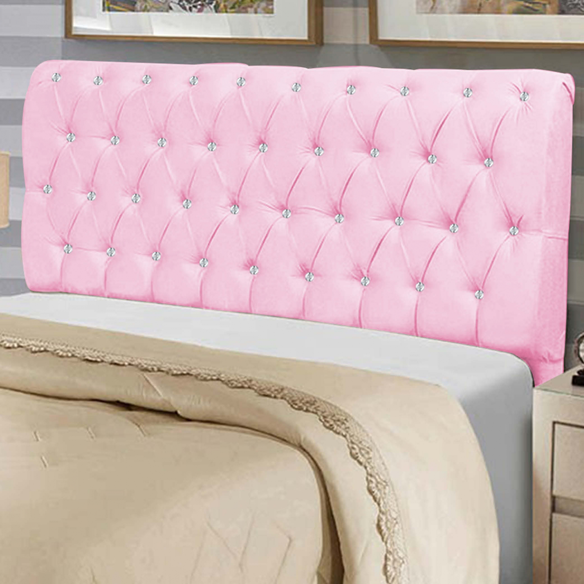 Cabeceira Estofada Paris 160CM Queen Strass Suede Rosa - D A DECOR