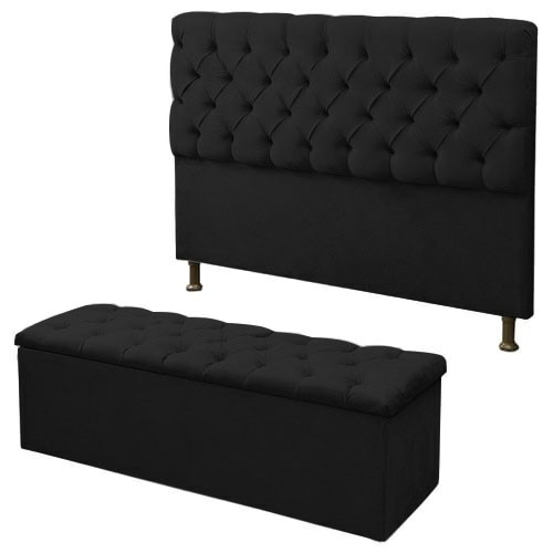 Kit Cabeceira Alice+ Calçadeira Itália Casal 140 CM Suede Preto - D A Decor