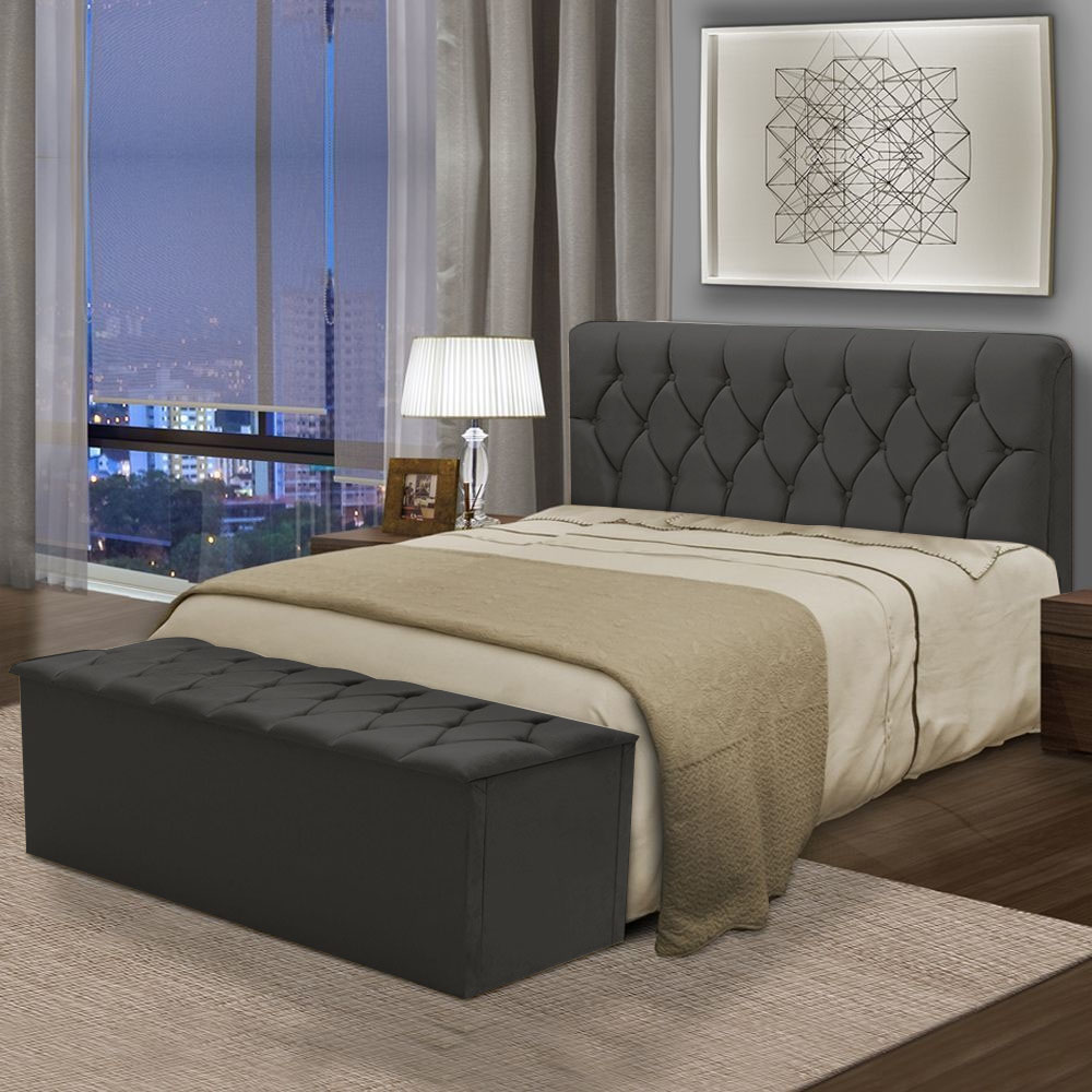 Kit Cabeceira Bolivia+ Calçadeira Itália Solteiro 90 CM Suede Cinza - D A Decor