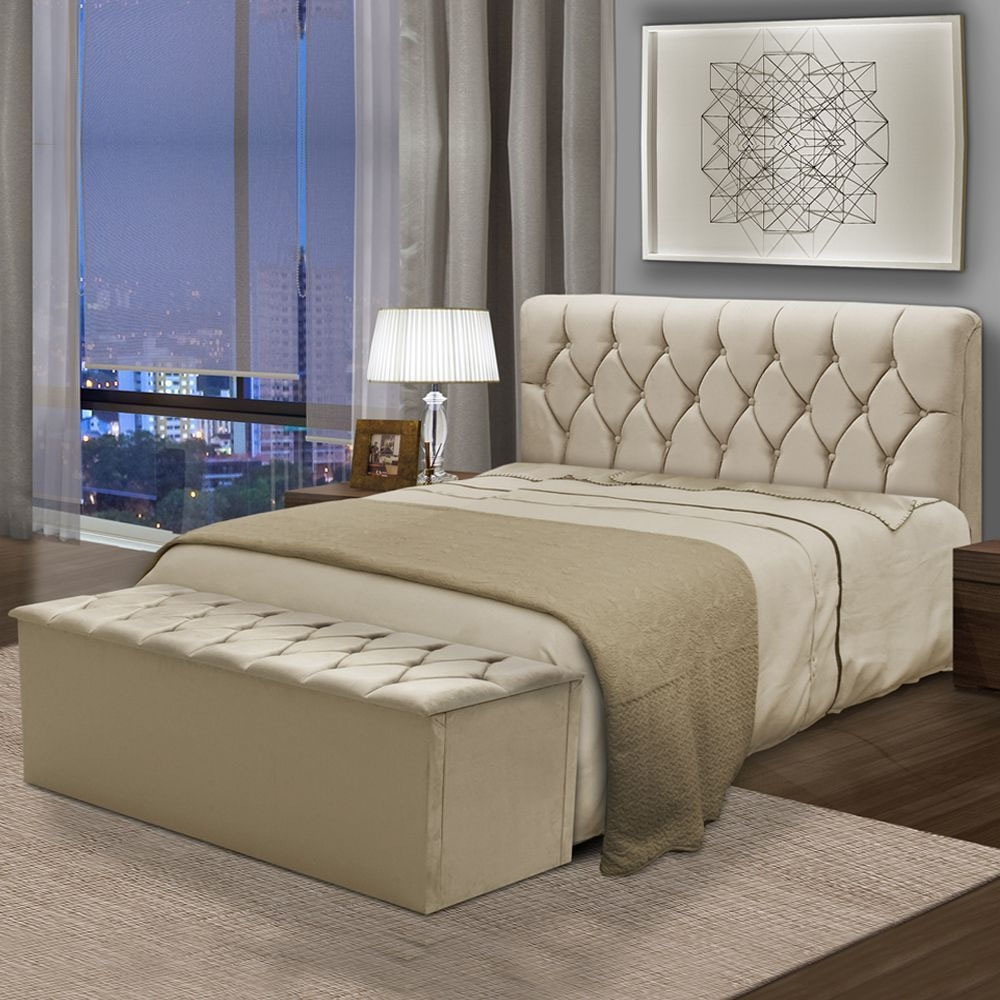 Kit Cabeceira Bolivia+ Calçadeira Itália Solteiro 90 CM Suede Marfim - D A Decor