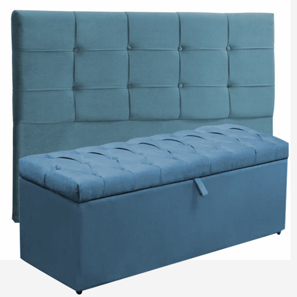 Kit Cabeceira Jordania+ Calçadeira Itália Casal 140 CM Suede Azul Turquesa- D A Decor