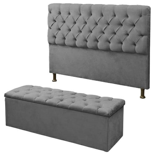 Kit Cabeceira Maria+ Calçadeira Itália Solteiro 90 CM Suede Cinza - D A Decor
