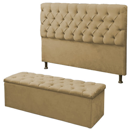 Kit Cabeceira Maria+ Calçadeira Itália Solteiro 90 CM Suede Marfim - D A Decor