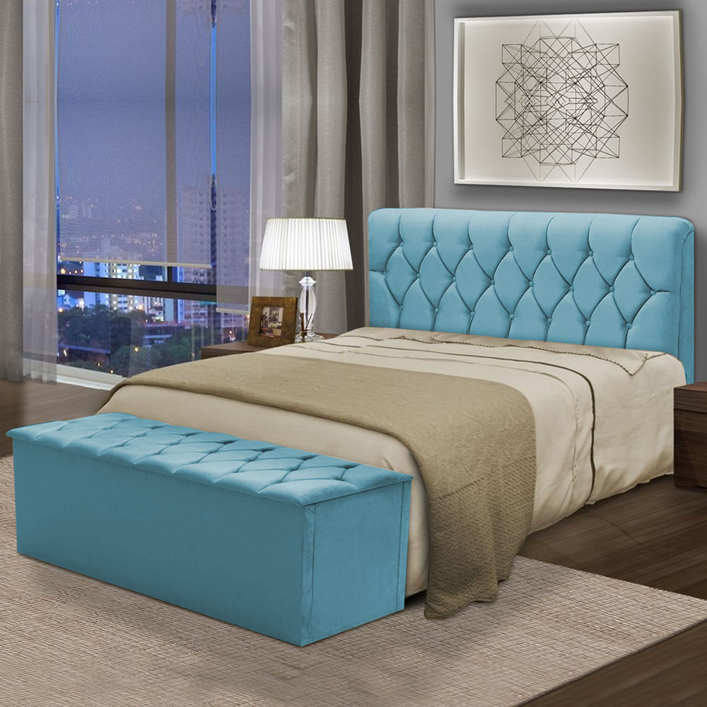 Kit Cabeceira Pérola+ Calçadeira Itália Casal 140 CM Suede Azul Turquesa- D A Decor