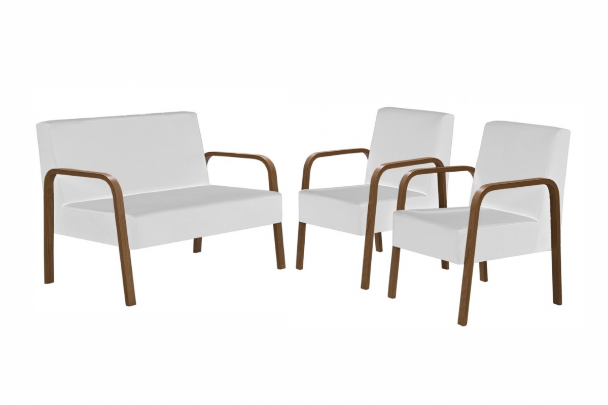 Conjunto Luna 1 Poltrona 2 Lugares e 2 Poltronas de 1 Lugar Braço Madeira  D Salla Courino Branco