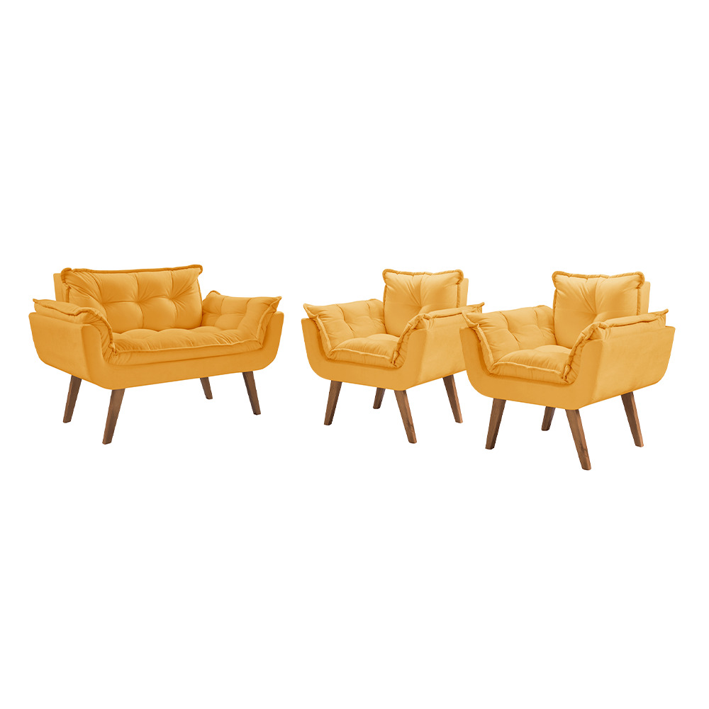 Conjunto Poltronas Decorativas Opalla 1 Namoradeira e 2 Poltronas de 1 Lugar Pés em Madeira D Salla Amarelo