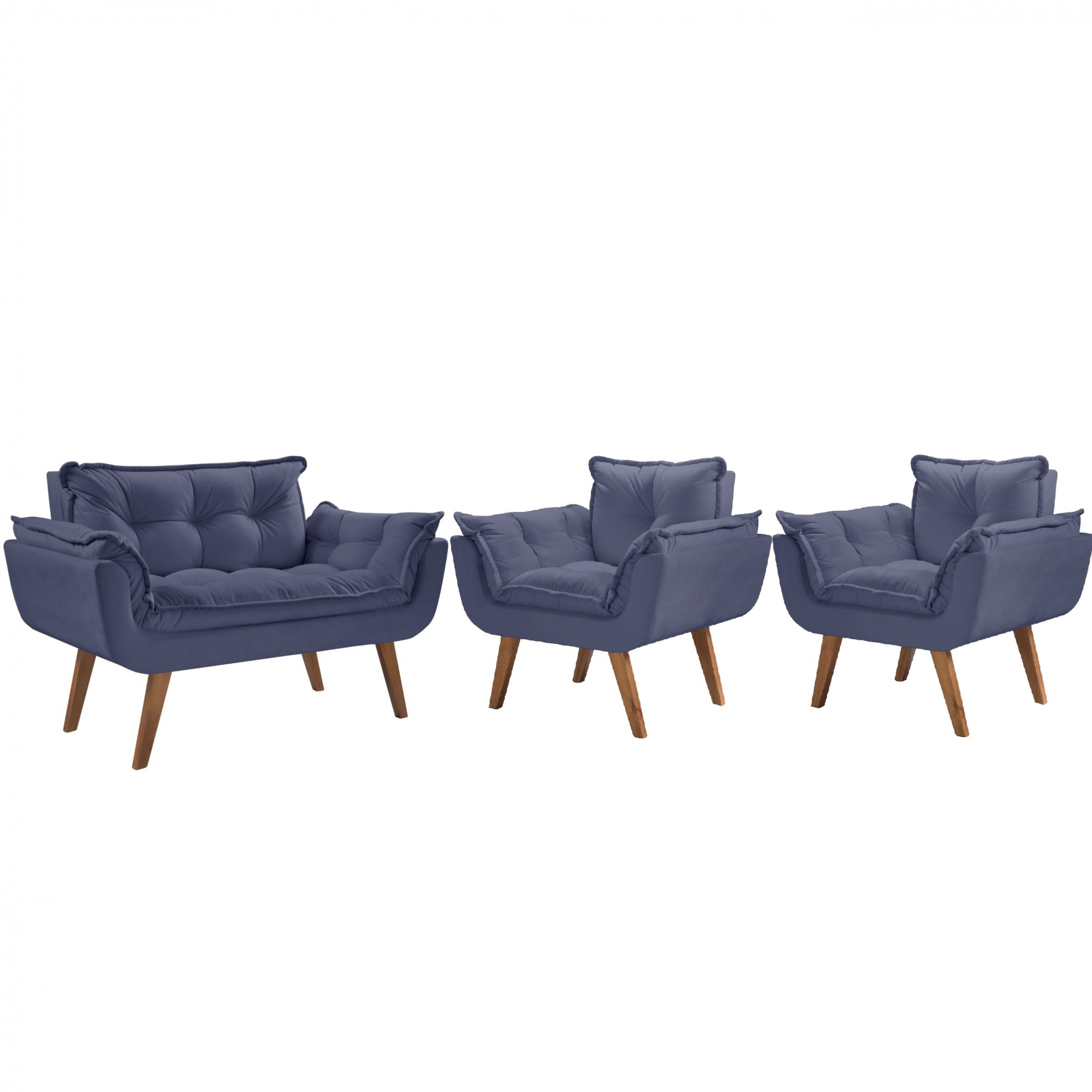 Conjunto Poltronas Decorativas Opalla 1 Namoradeira e 2 Poltronas de 1 Lugar Pés em Madeira D Salla Azul Bic