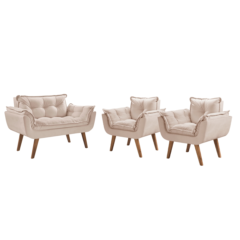 Conjunto Poltronas Decorativas Opalla 1 Namoradeira e 2 Poltronas de 1 Lugar Pés em Madeira D Salla Bege