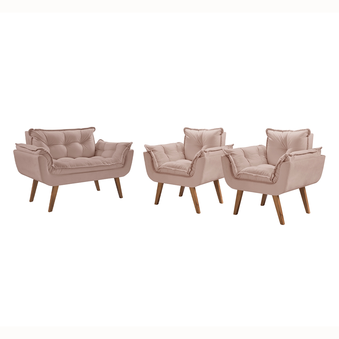 Conjunto Poltronas Decorativas Opalla 1 Namoradeira e 2 Poltronas de 1 Lugar Pés em Madeira D Salla Cappuccino
