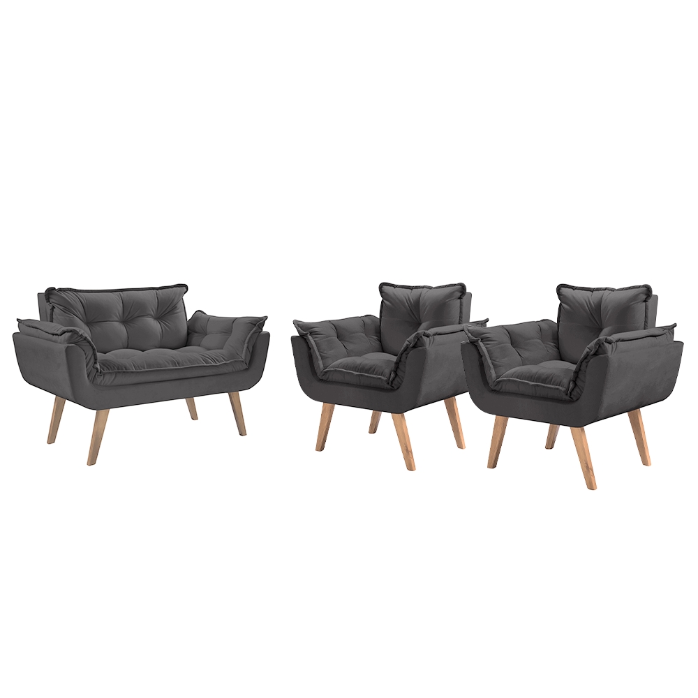 Conjunto Poltronas Decorativas Opalla 1 Namoradeira e 2 Poltronas de 1 Lugar Pés em Madeira D Salla Cinza