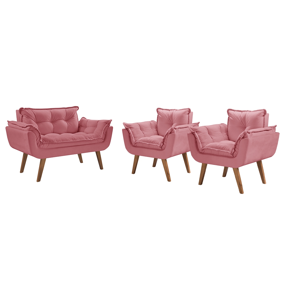 Conjunto Poltronas Decorativas Opalla 1 Namoradeira e 2 Poltronas de 1 Lugar Pés em Madeira D Salla Rosa