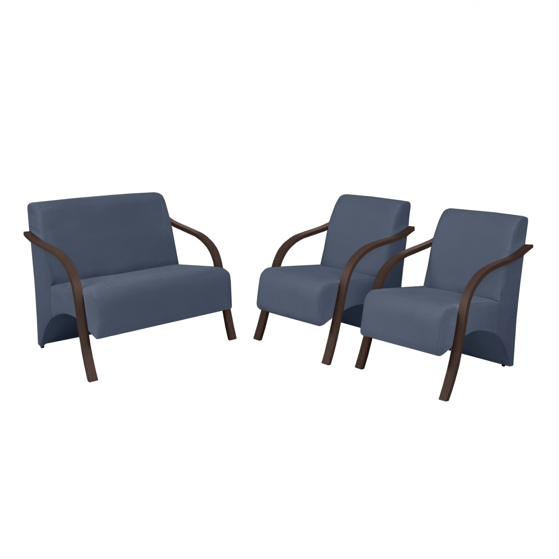 Conjunto Poltronas Vênus 1 Dois Lugares 2 Um Lugar Braços em Madeira 1 Namoradeira 2 de um Lugar D Salla Suede Azul Bic