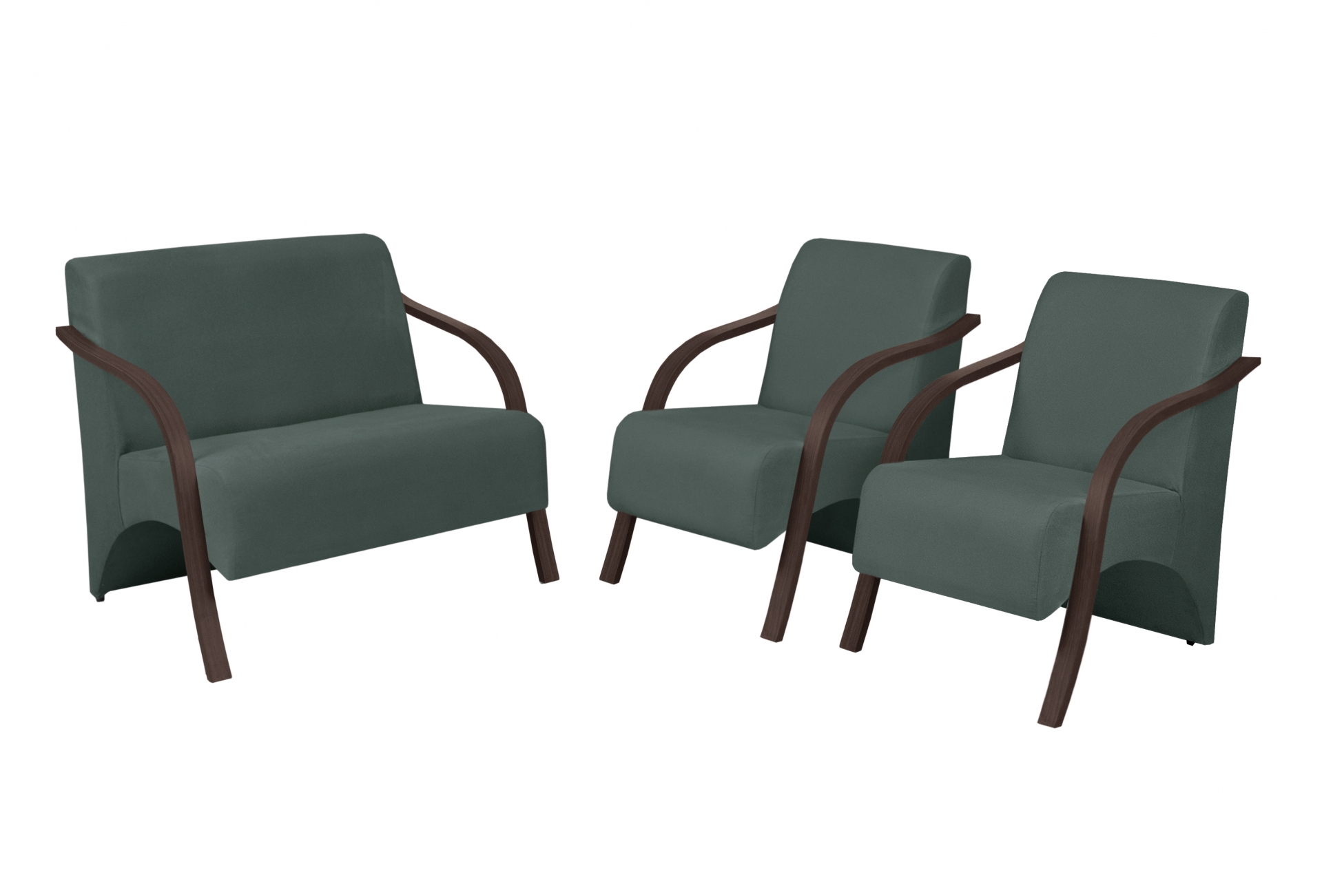 Conjunto Poltronas Vênus 1 Dois Lugares 2 Um Lugar Braços em Madeira 1 Namoradeira 2 de um Lugar D Salla Suede Verde