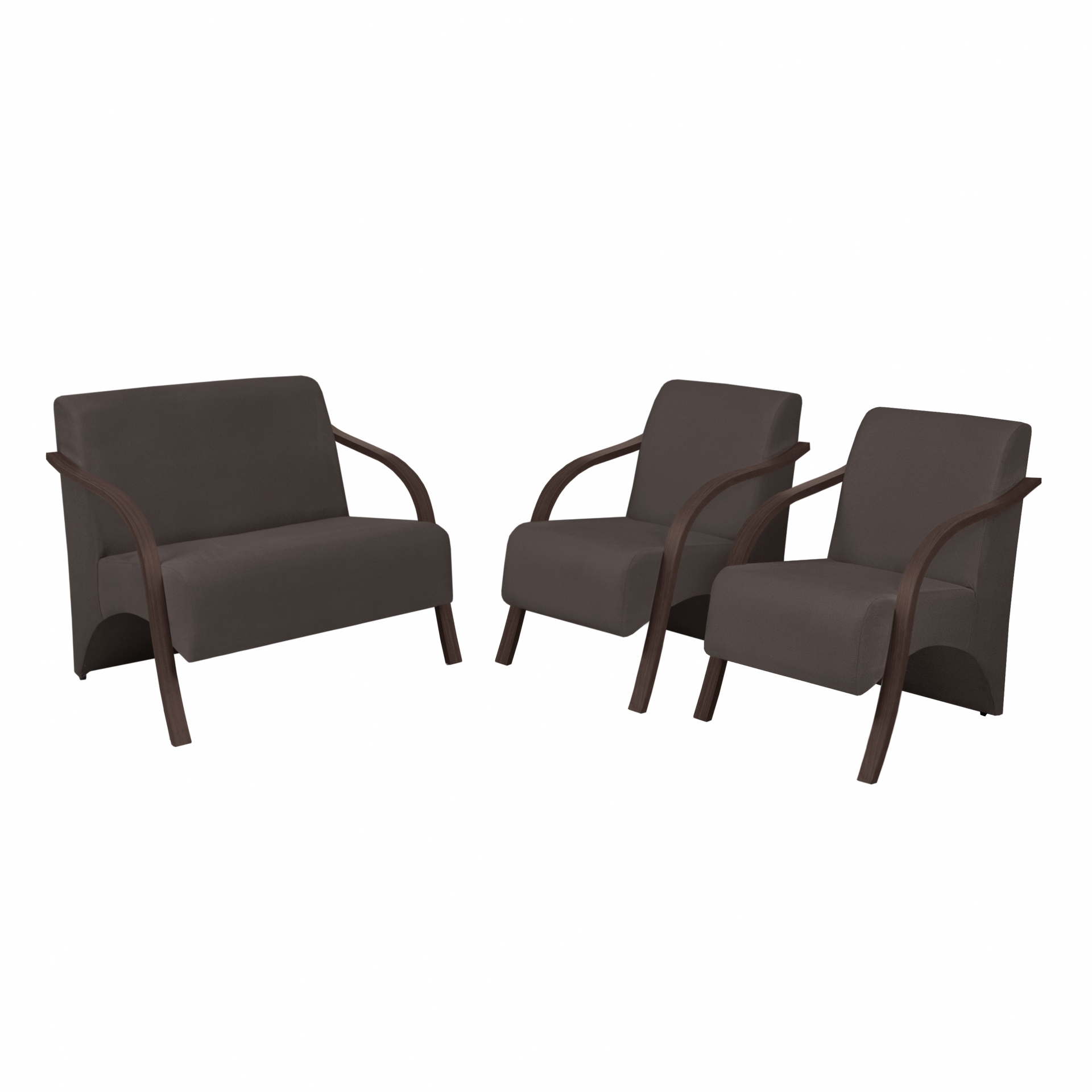 Conjunto Poltronas Vênus Braços em Madeira 1 Namoradeira 2 de um Lugar D Salla Suede Marrom