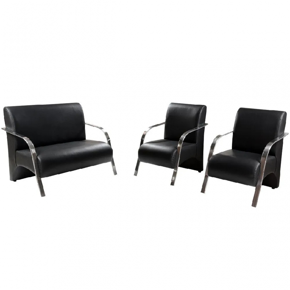 Conjunto Vênus  2 Poltronas de 1 Lugar e 1 de 2 Lugares Braço Alumínio  D Salla Tecido Sintético . Preto