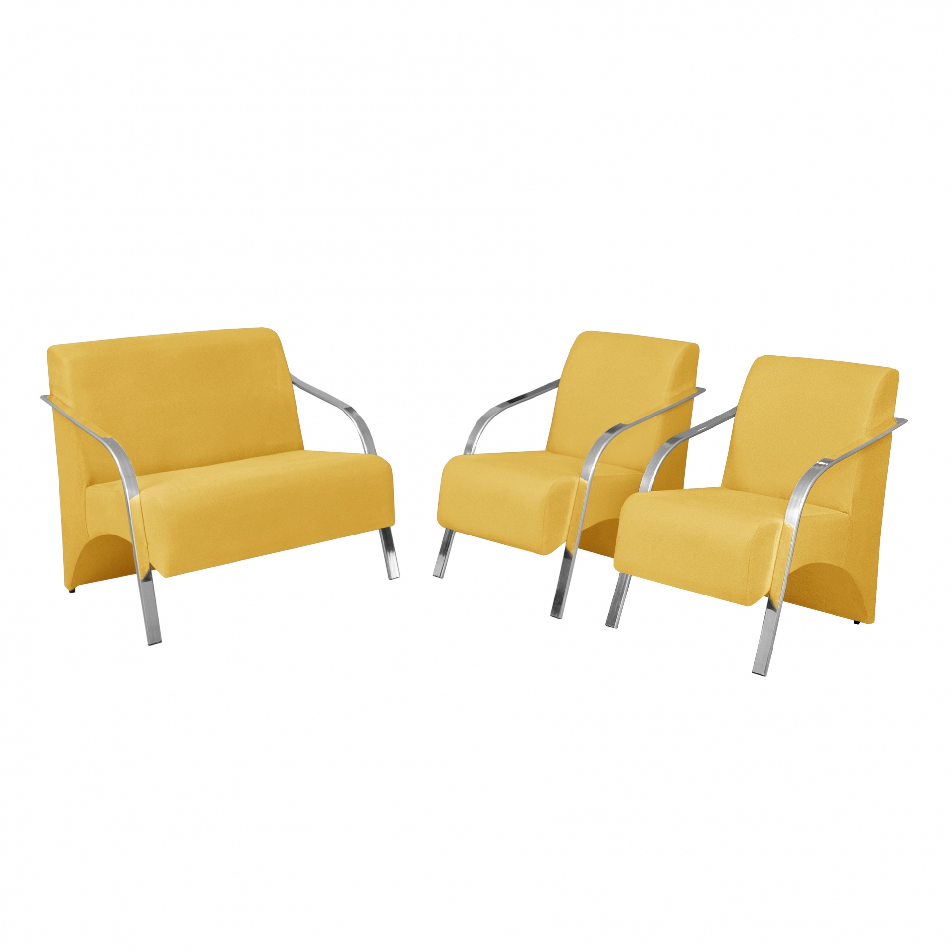 Conjunto Vênus  2 Poltronas de 1 Lugar e 1 de 2 Lugares Braço Alumínio  DSalla Suede.  Amarelo