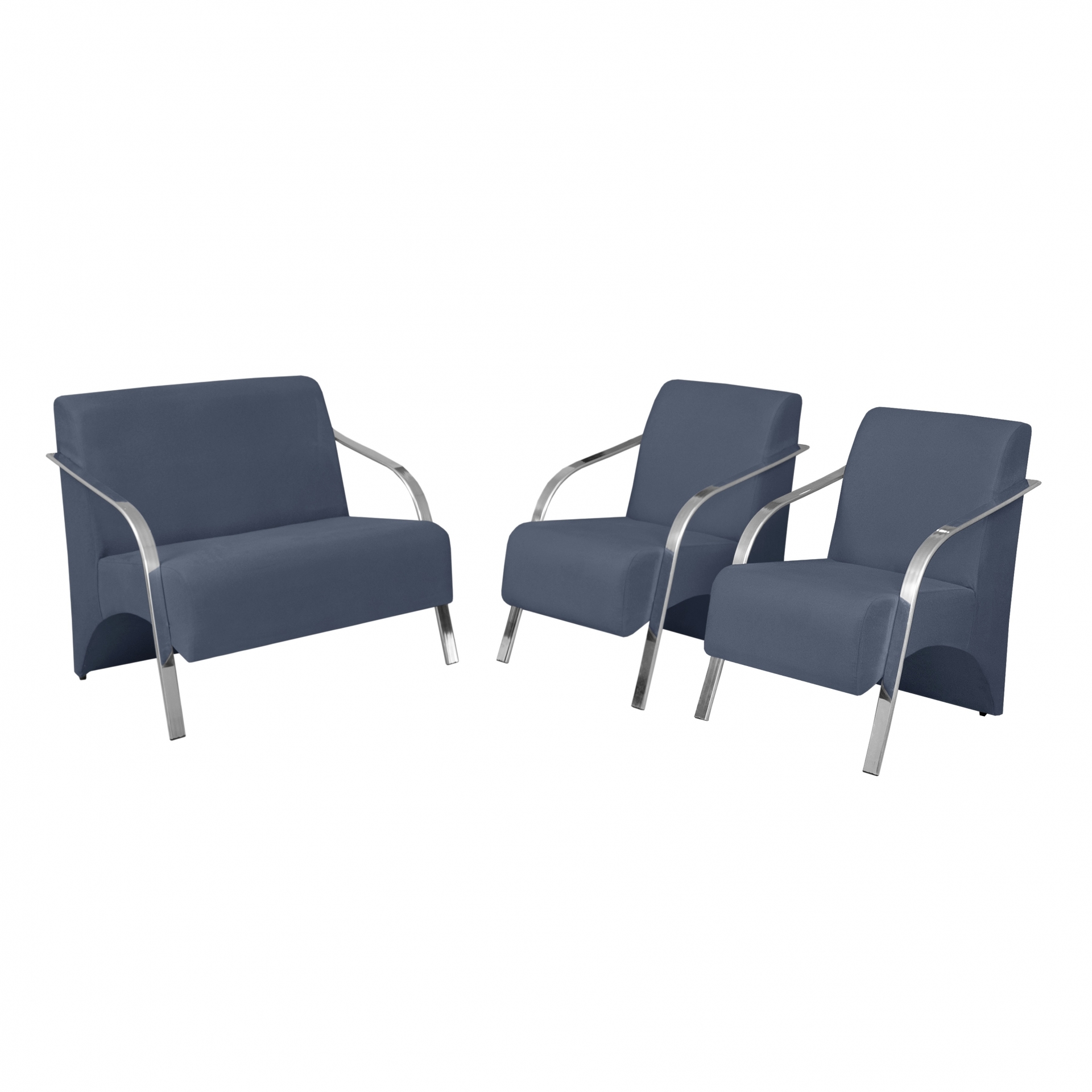 Conjunto Vênus  2 Poltronas de 1 Lugar e 1 de 2 Lugares Braço Alumínio  DSalla Suede.  Azul Bic