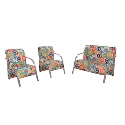 Conjunto Vênus  2 Poltronas de 1 Lugar e 1 de 2 Lugares Braço Alumínio  DSalla Suede.  Floral Laranja 115