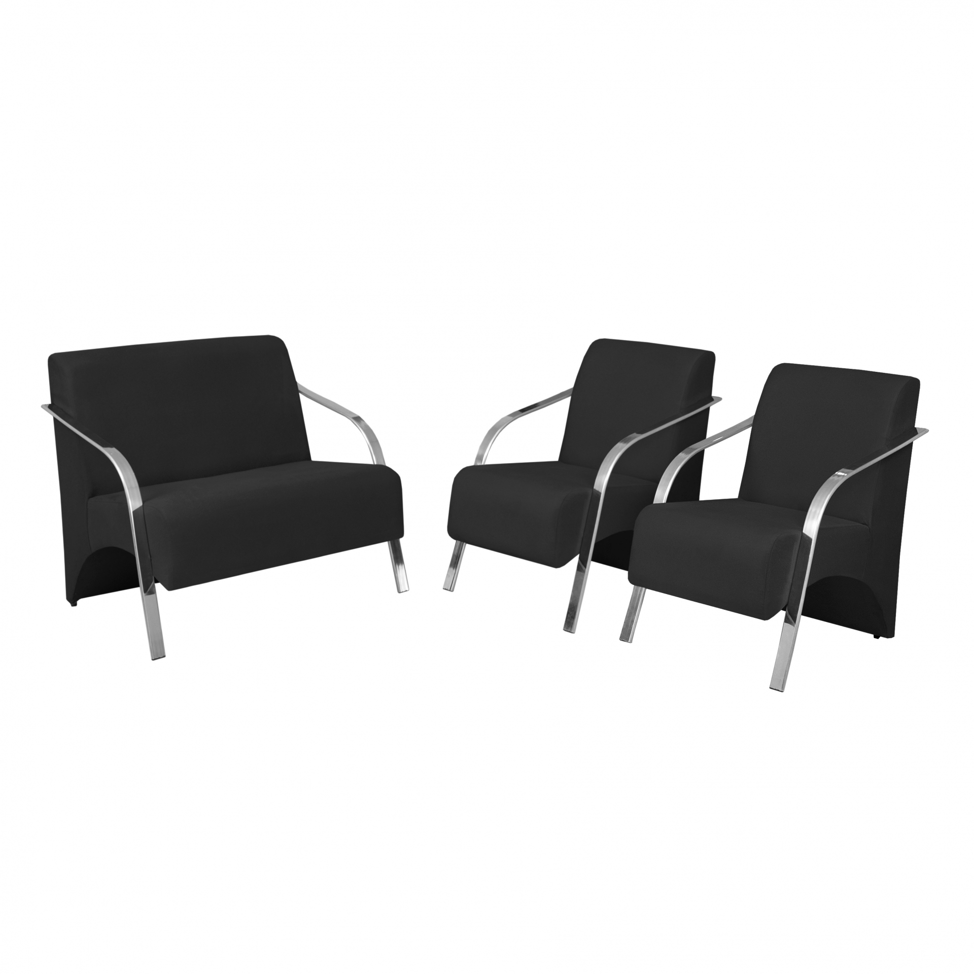 Conjunto Vênus  2 Poltronas de 1 Lugar e 1 de 2 Lugares Braço Alumínio  DSalla Suede.  Preto