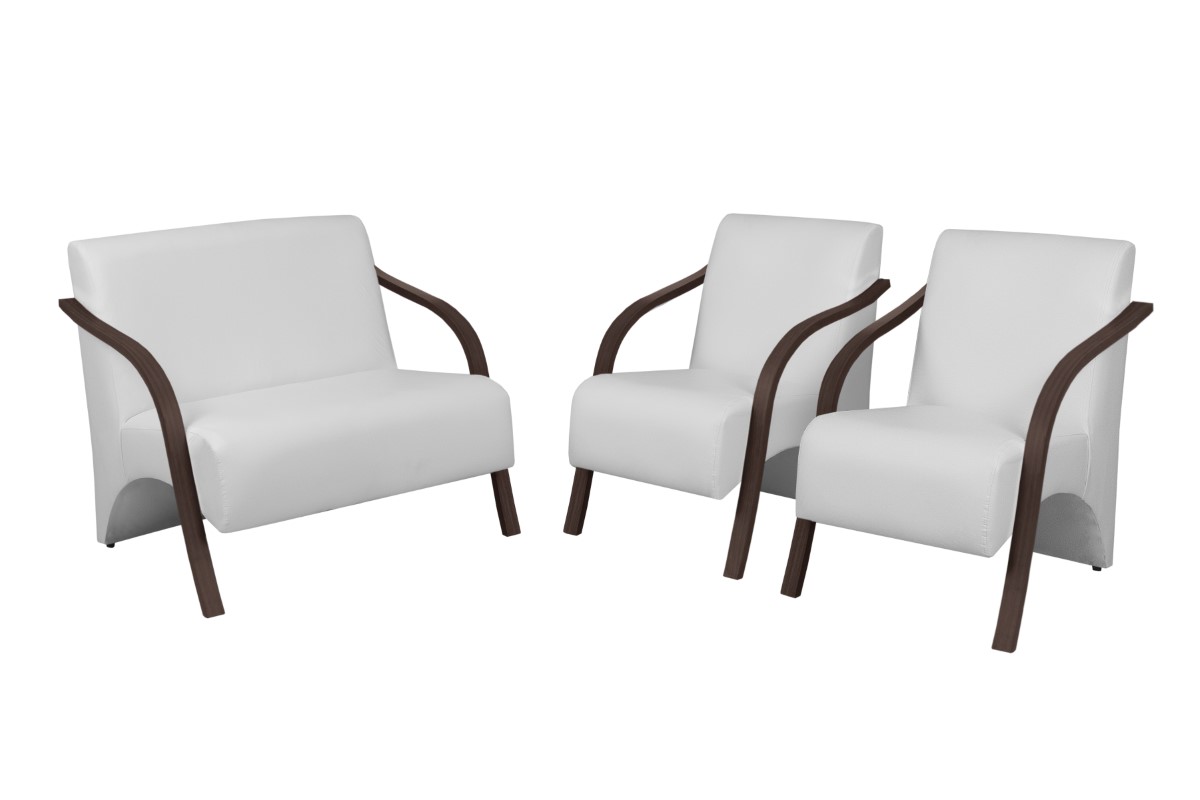 Conjunto Vênus  2 Poltronas de 1 Lugar e 1 de 2 Lugares Braço Madeira  D Salla Tecido Sintético  Branco