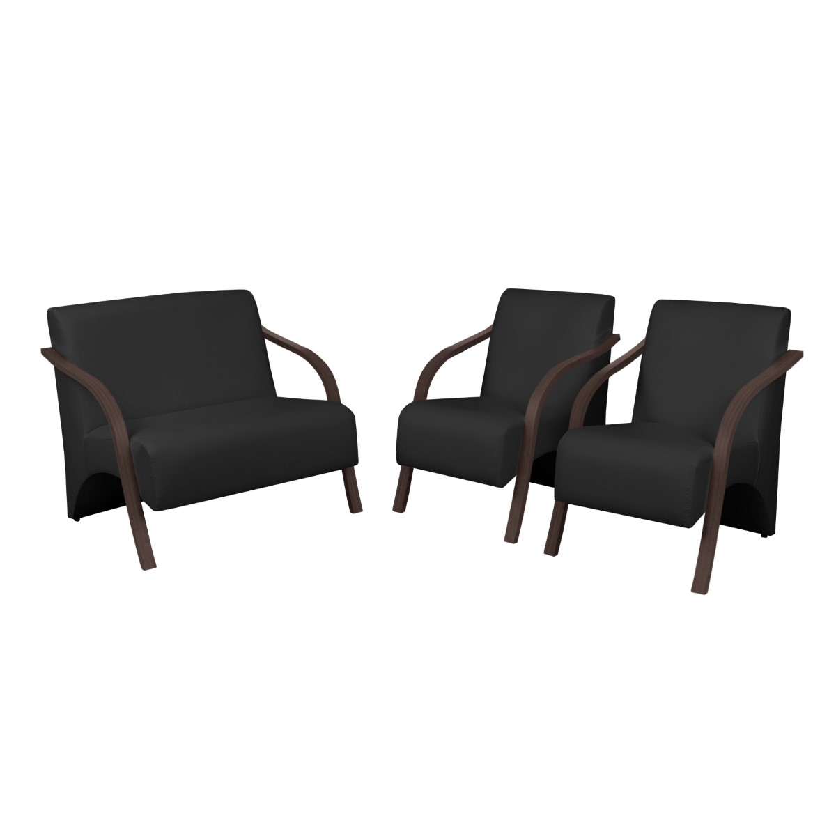 Conjunto Vênus  2 Poltronas de 1 Lugar e 1 de 2 Lugares Braço Madeira  D Salla Tecido Sintético  Preto