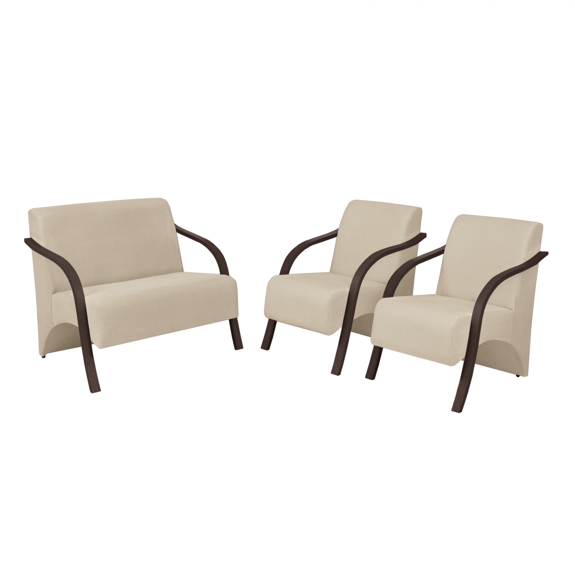 Conjunto Vênus  2 Poltronas de 1 Lugar e 1 de 2 Lugares Braço Madeira D Salla Suede Bege