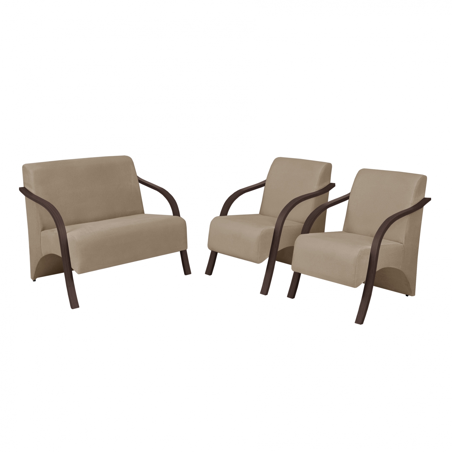 Conjunto Vênus  2 Poltronas de 1 Lugar e 1 de 2 Lugares Braço Madeira D Salla Suede Cappuccino