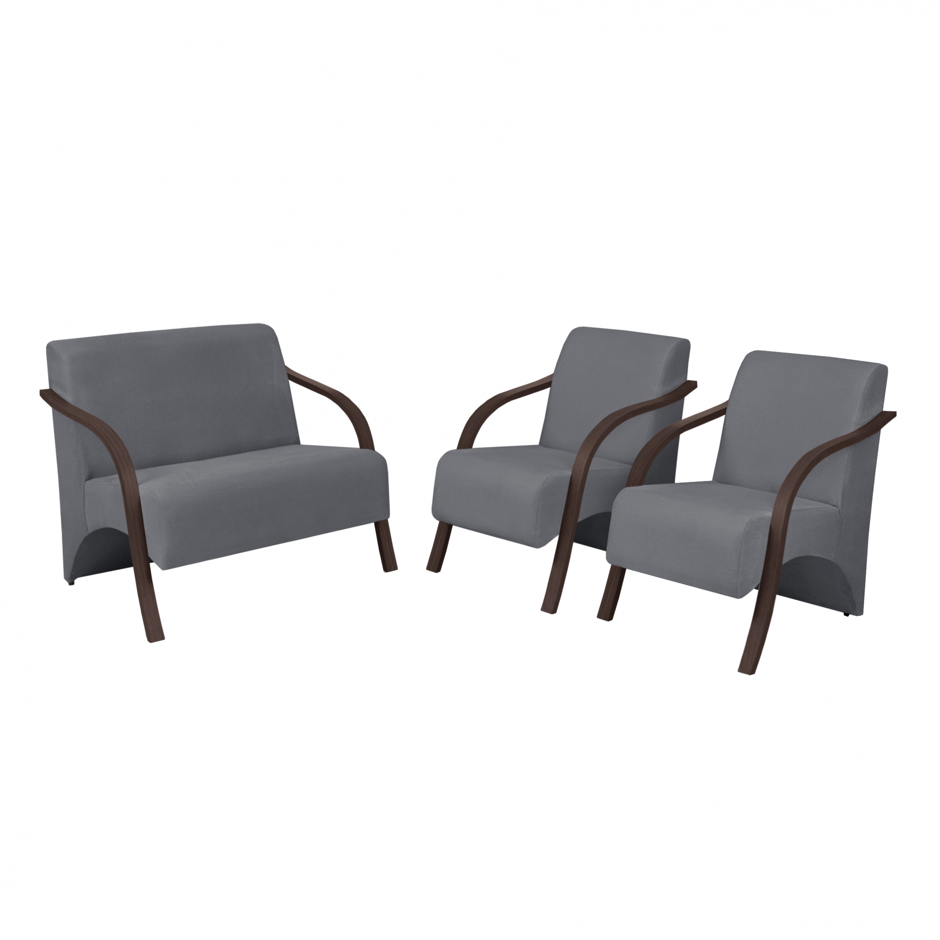 Conjunto Vênus  2 Poltronas de 1 Lugar e 1 de 2 Lugares Braço Madeira D Salla Suede Cinza