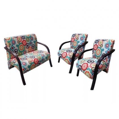 Conjunto Vênus  2 Poltronas de 1 Lugar e 1 de 2 Lugares Braço Madeira D Salla Suede Floral Laranja 115