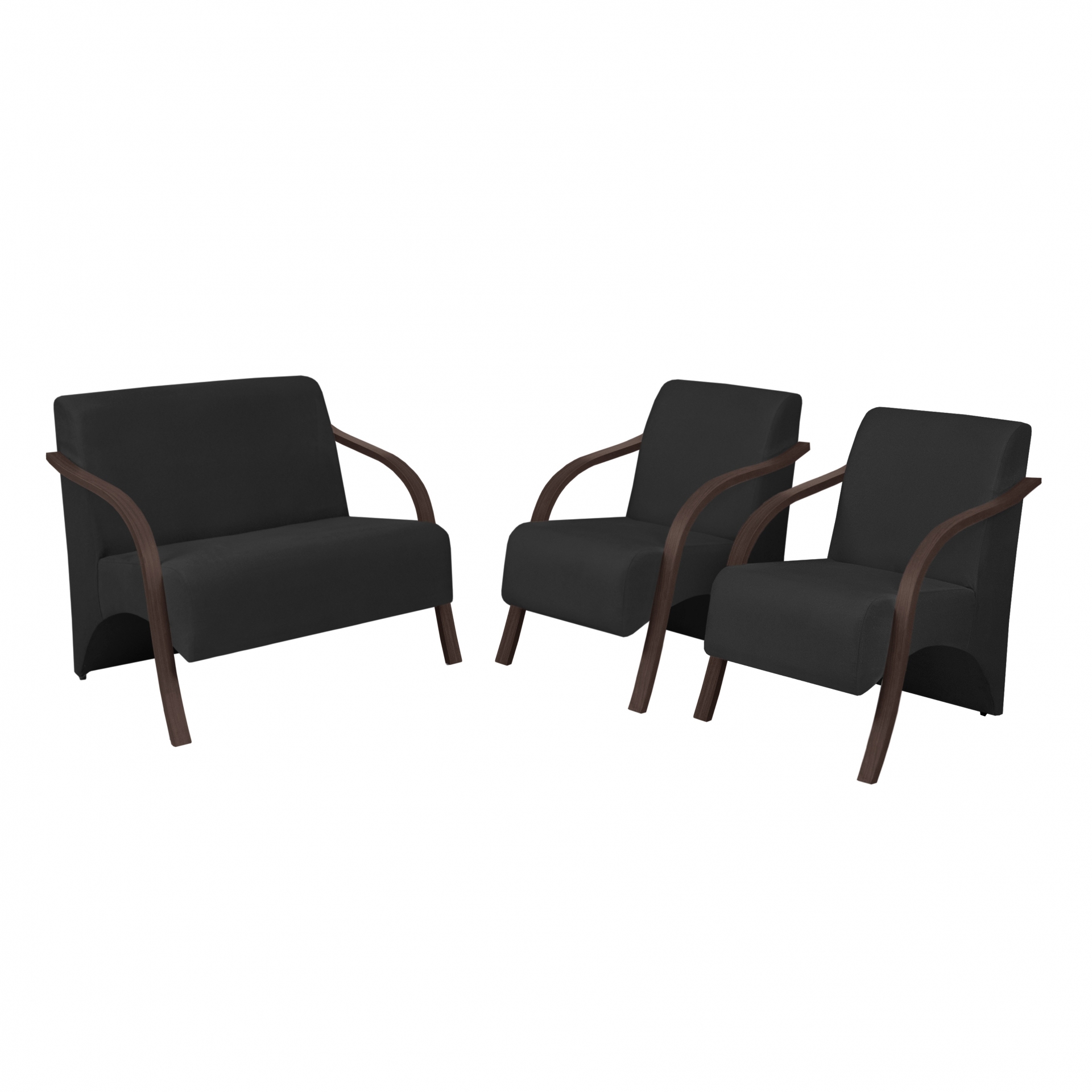 Conjunto Vênus  2 Poltronas de 1 Lugar e 1 de 2 Lugares Braço Madeira D Salla Suede Preto