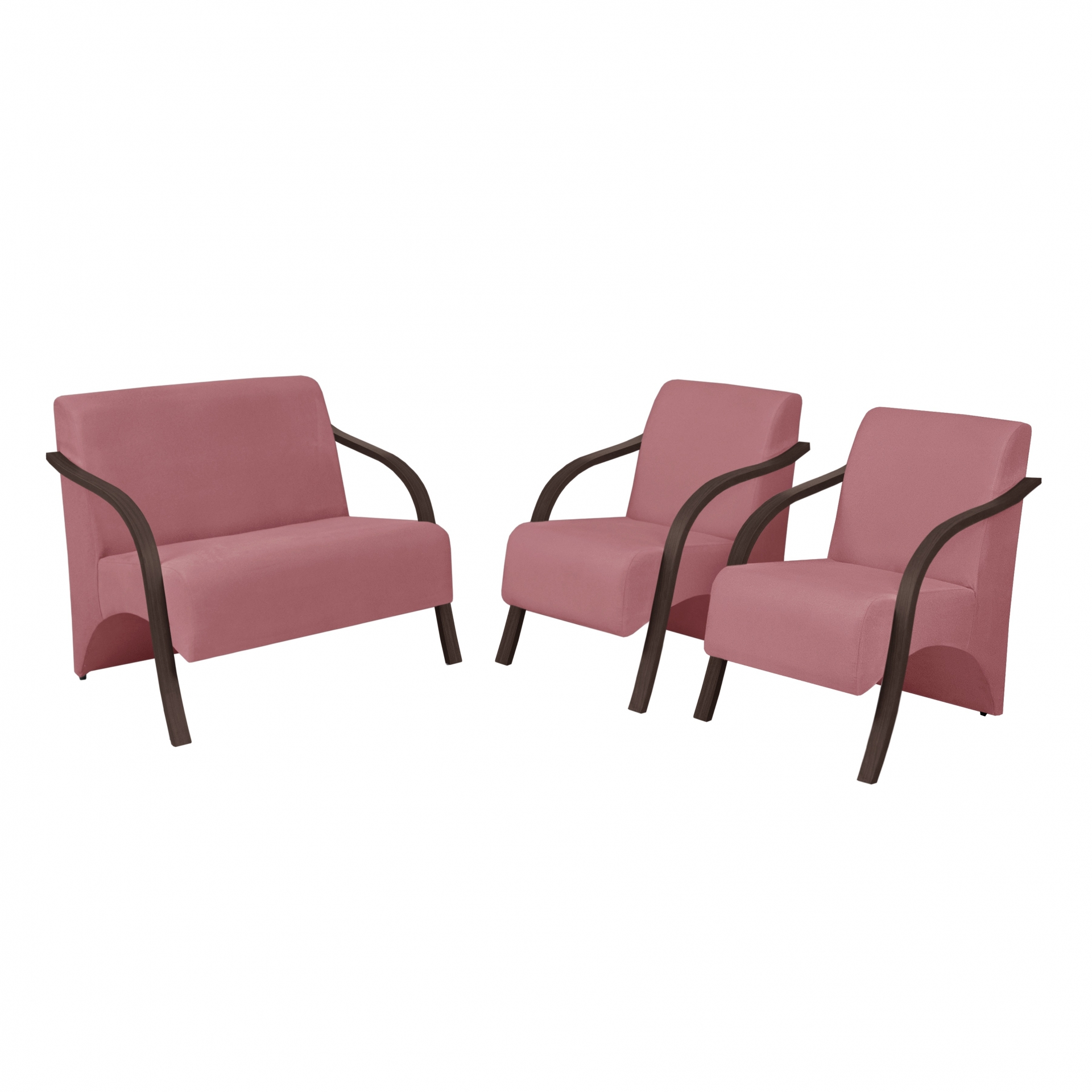 Conjunto Vênus  2 Poltronas de 1 Lugar e 1 de 2 Lugares Braço Madeira D Salla Suede Rosa