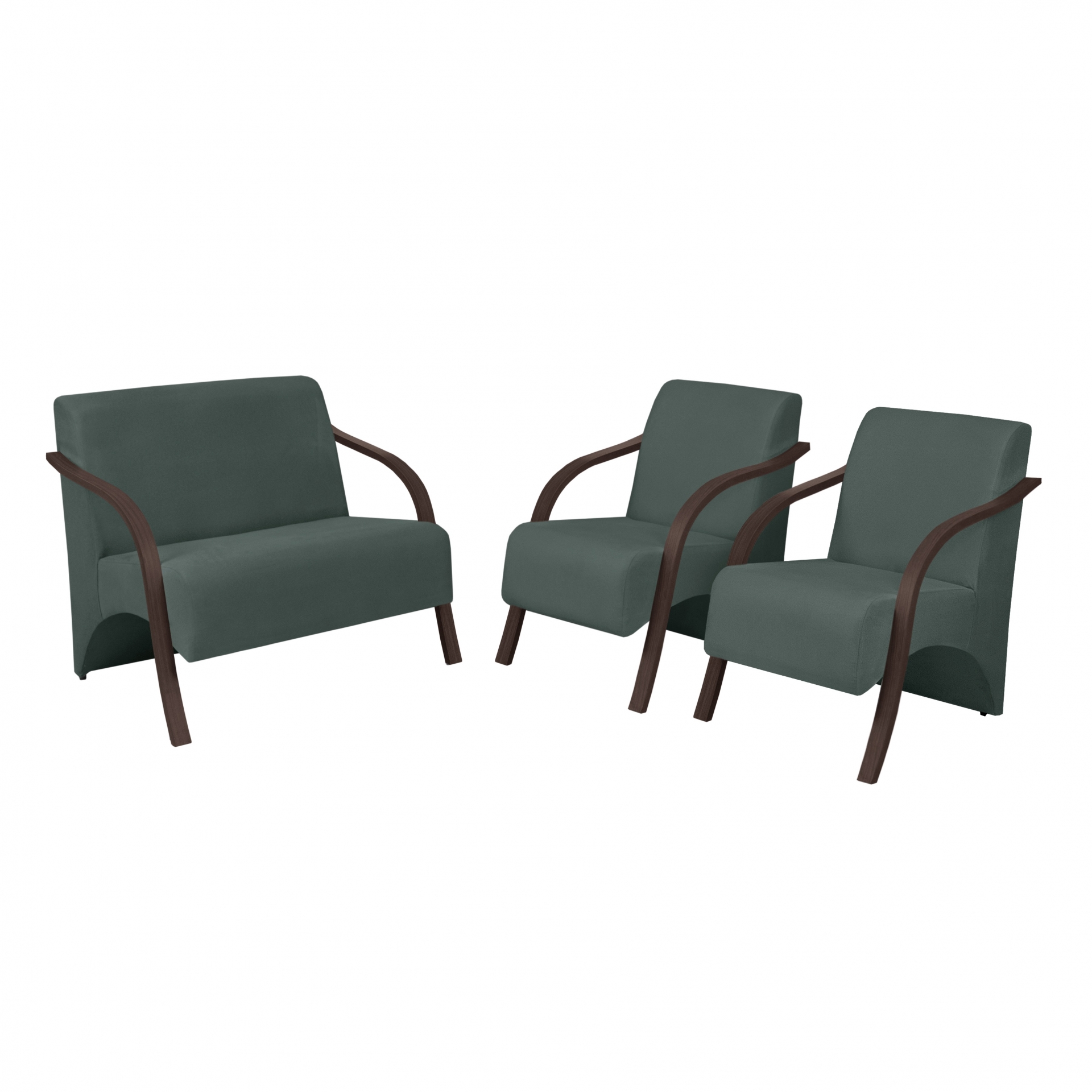 Conjunto Vênus  2 Poltronas de 1 Lugar e 1 de 2 Lugares Braço Madeira D Salla Suede Verde
