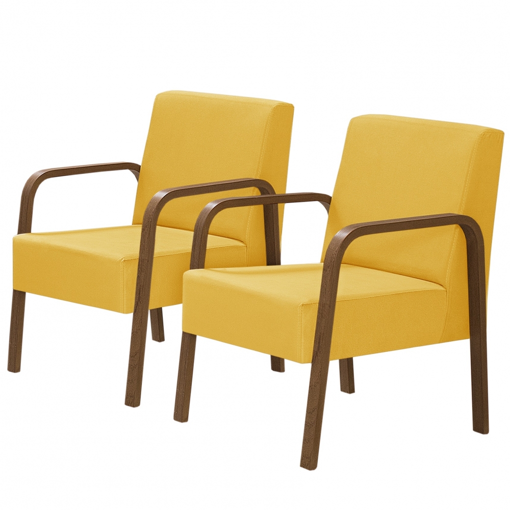 Kit 2 Poltronas Decorativas 1 Lugar Jade Braço Madeira D Salla Suede Amarelo