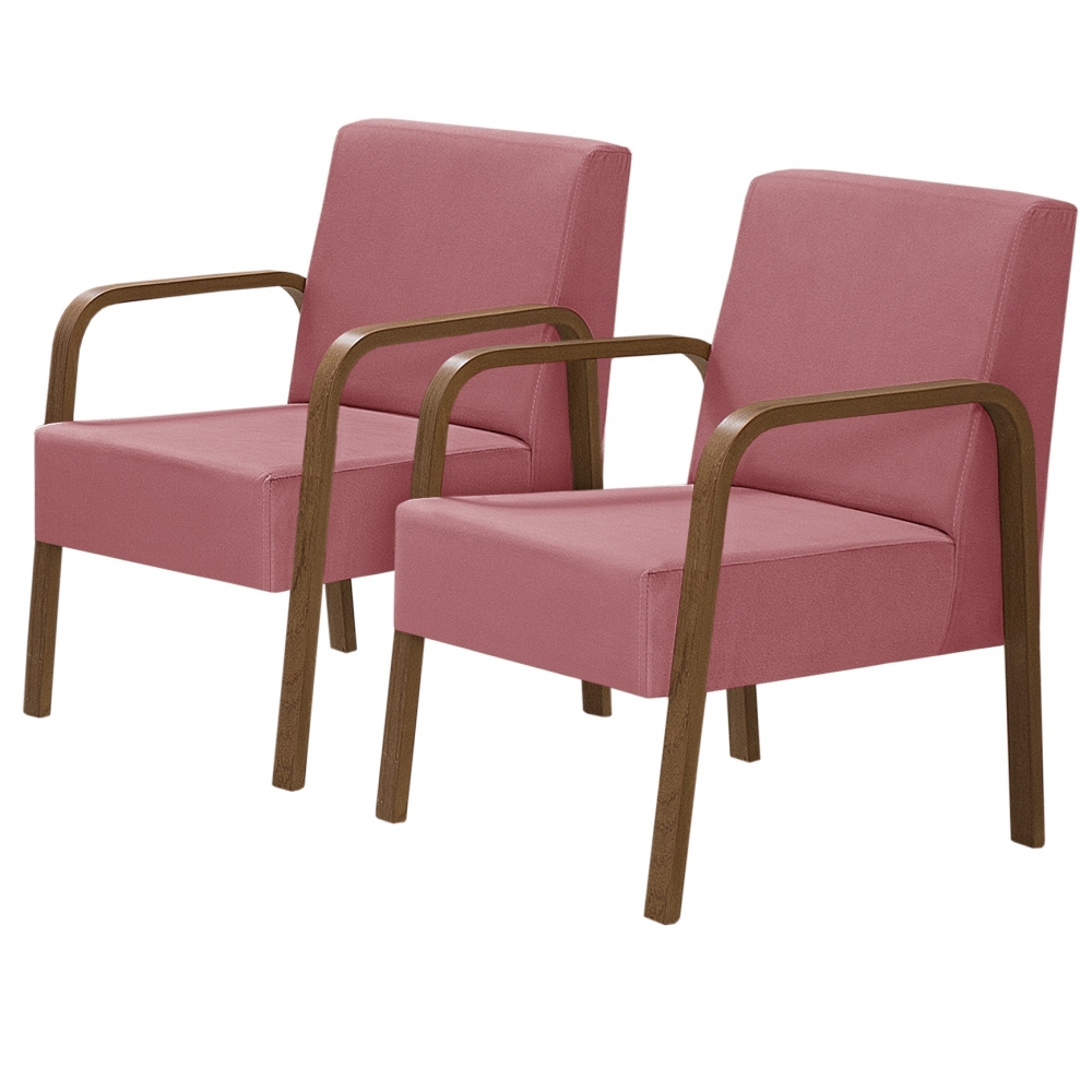 Kit 2 Poltronas Decorativas 1 Lugar Jade Braço Madeira D Salla Suede Rosa