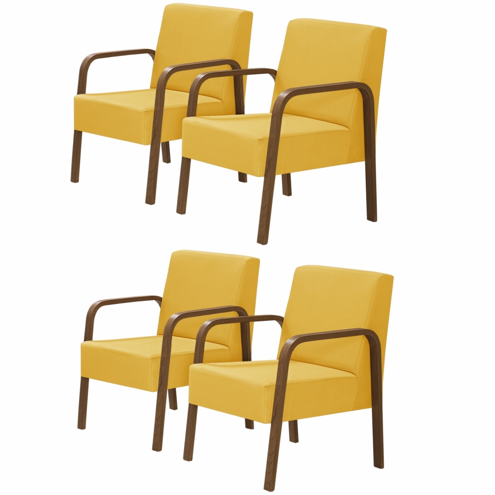 Kit 4 Poltronas Decorativas 1 Lugar Jade Braço Madeira DSalla Suede Amarelo