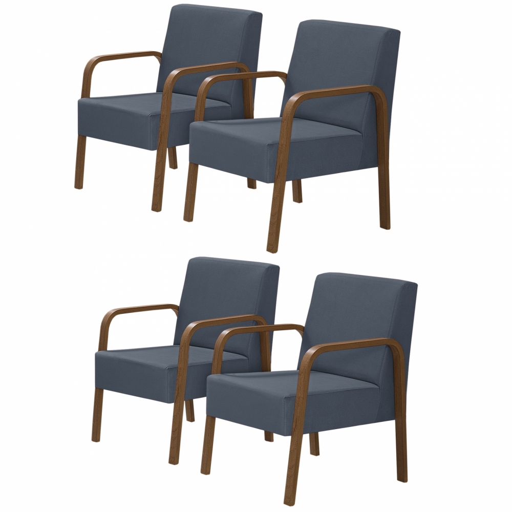 Kit 4 Poltronas Decorativas 1 Lugar Jade Braço Madeira DSalla Suede Azul Bic