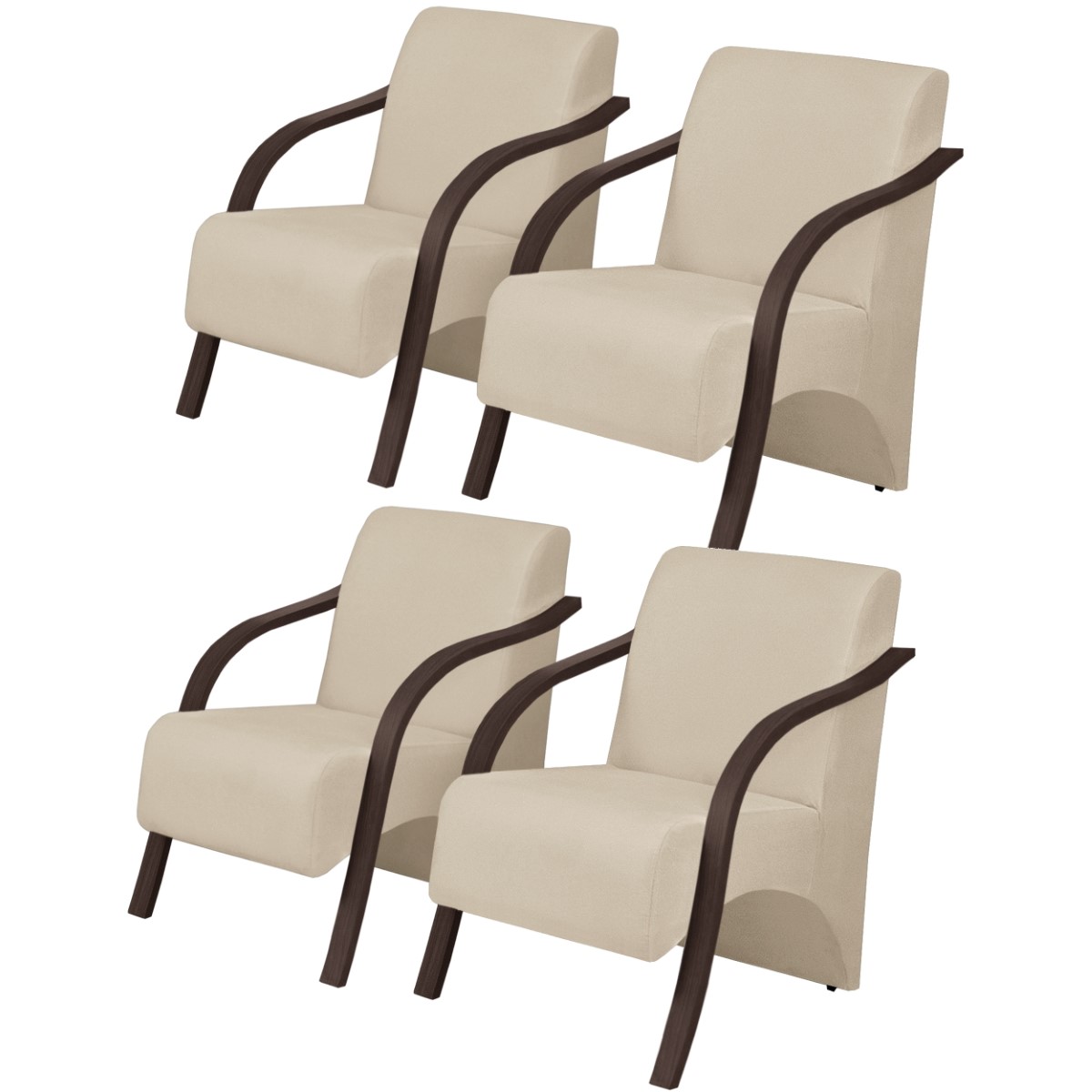 Kit 4 Poltronas Decorativas 1 Lugar Jade Braço Madeira DSalla Suede Bege