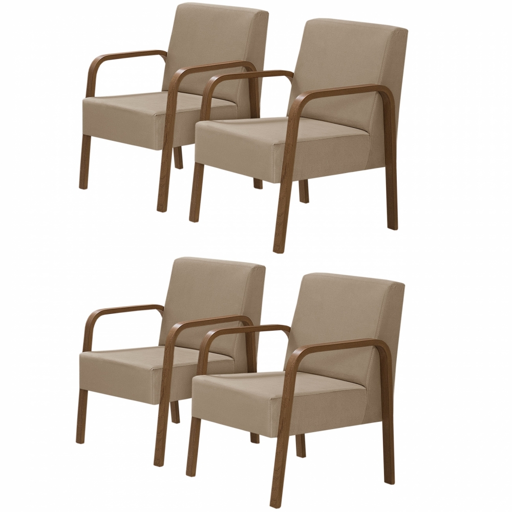 Kit 4 Poltronas Decorativas 1 Lugar Jade Braço Madeira DSalla Suede Cappuccino