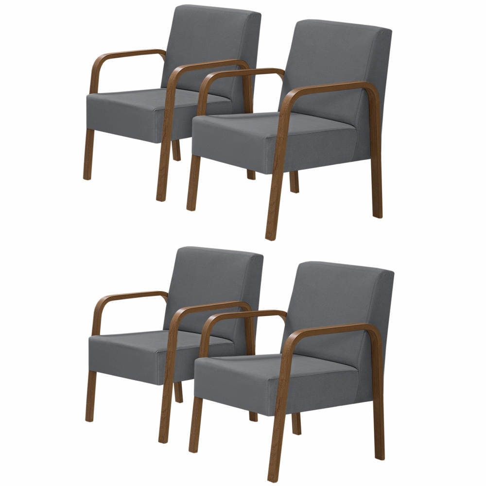Kit 4 Poltronas Decorativas 1 Lugar Jade Braço Madeira DSalla Suede Grafite