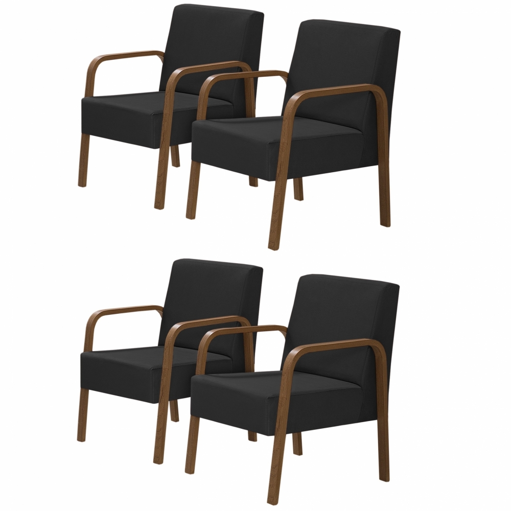 Kit 4 Poltronas Decorativas 1 Lugar Jade Braço Madeira DSalla Suede Preto