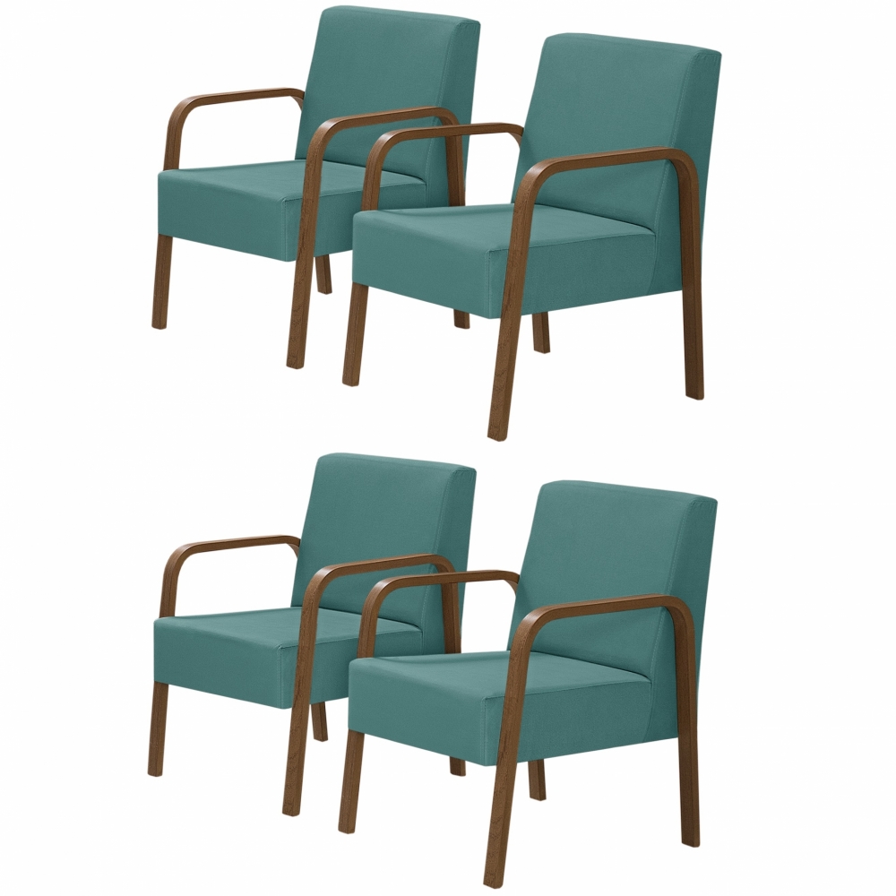 Kit 4 Poltronas Decorativas 1 Lugar Jade Braço Madeira DSalla Suede Turquesa