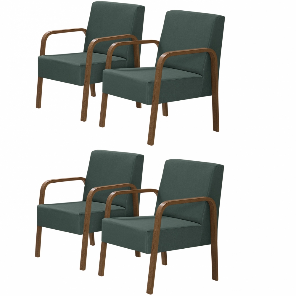 Kit 4 Poltronas Decorativas 1 Lugar Jade Braço Madeira DSalla Suede Verde