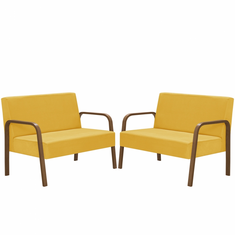 Kit Poltrona Decorativa 2 Namoradeiras Jade Braço Madeira D Salla Suede Amarelo