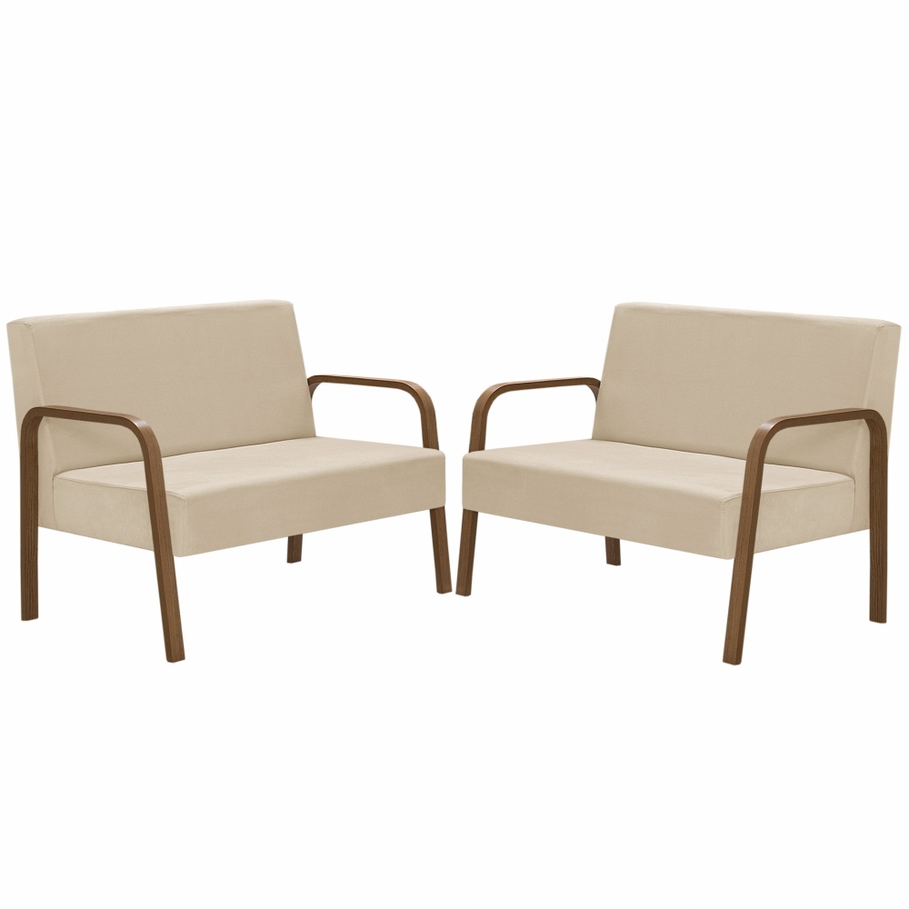 Kit Poltrona Decorativa 2 Namoradeiras Jade Braço Madeira D Salla Suede Bege
